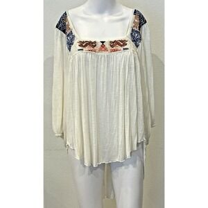 Free People Free Bird Embroidered Hi Lo Peasant Top Sz L Flowy Boho Renaissance‎